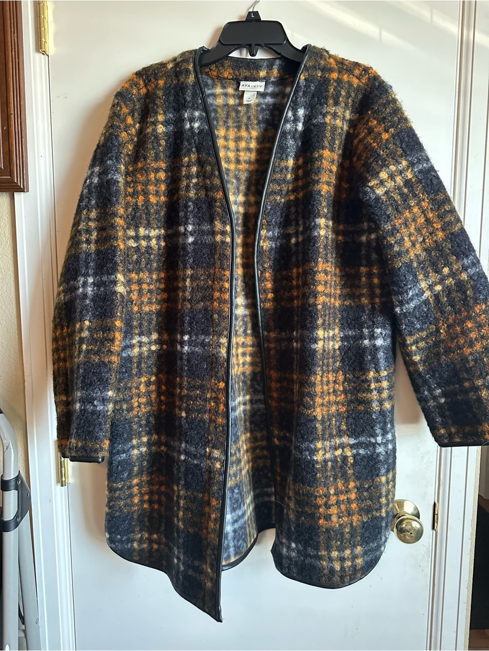 Ava & Viv Black and Orange Plaid Open-Front Pea Coat